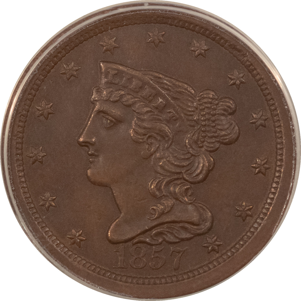 Braided Hair Half Cents 1857 BRAIDED HAIR HALF CENT – ANACS MS-60 BROWN, NICE LOOK! Braided Hair Half Cents 1857 BRAIDED HAIR HALF CENT – ANACS MS-60 BROWN, NICE LOOK!