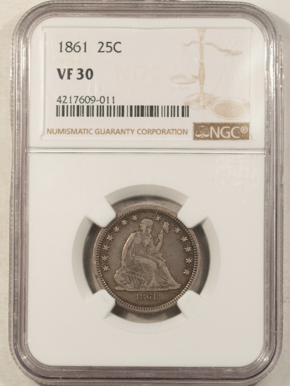 Liberty Seated Quarters 1861 SEATED LIBERTY QUARTER – NGC VF-30, CIVIL WAR DATE! Liberty Seated Quarters 1861 SEATED LIBERTY QUARTER – NGC VF-30, CIVIL WAR DATE!