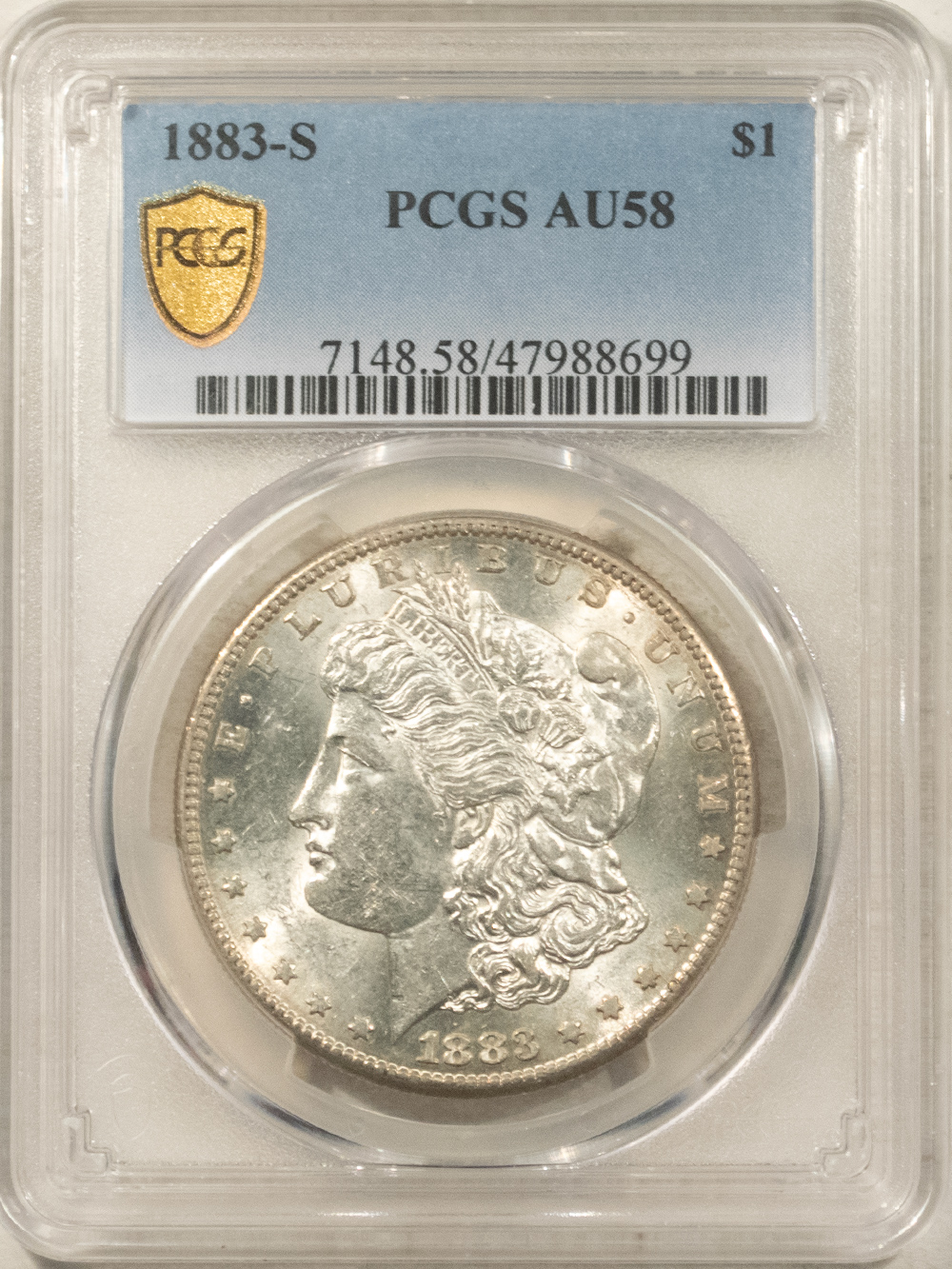Dollars 1883-S $1 MORGAN DOLLAR – PCGS AU-58, BLAST WHITE & PREMIUM QUALITY! Dollars 1883-S $1 MORGAN DOLLAR – PCGS AU-58, BLAST WHITE & PREMIUM QUALITY!