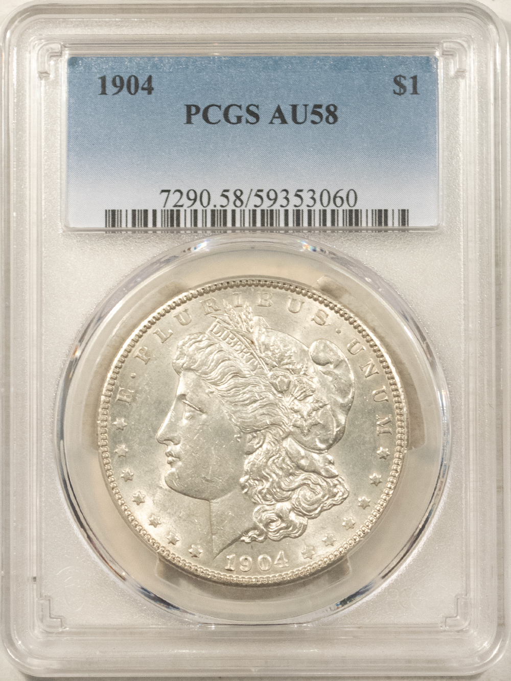 Dollars 1904 $1 MORGAN DOLLAR – PCGS AU-58, WHITE & LOOKS UNC! Dollars 1904 $1 MORGAN DOLLAR – PCGS AU-58, WHITE & LOOKS UNC!