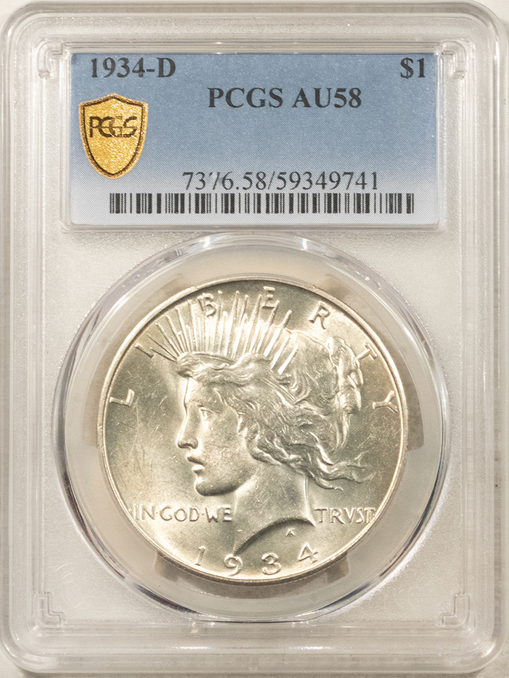 Dollars 1934-D $1 PEACE DOLLAR – PCGS AU-58, WHITE & LOOKS UNC! Dollars 1934-D $1 PEACE DOLLAR – PCGS AU-58, WHITE & LOOKS UNC!