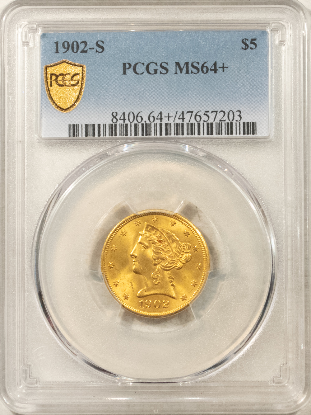 $2.50 1902-S $5 LIBERTY GOLD QUARTER EAGLE – PCGS MS-64+ NEAR GEM! $2.50 1902-S $5 LIBERTY GOLD QUARTER EAGLE – PCGS MS-64+ NEAR GEM!