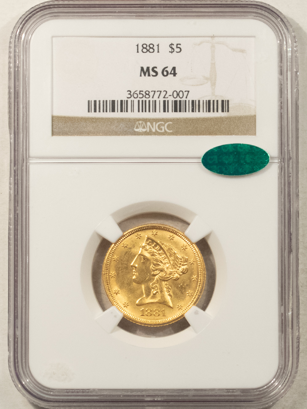 $5 1881 $5 LIBERTY HEAD GOLD HALF EAGLE – NGC MS-64, PQ, FROSTY & CAC APPROVED! $5 1881 $5 LIBERTY HEAD GOLD HALF EAGLE – NGC MS-64, PQ, FROSTY & CAC APPROVED!