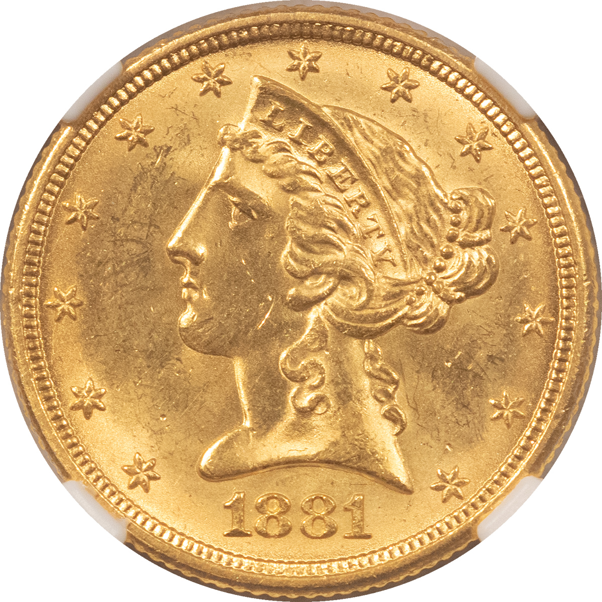 $5 1881 $5 LIBERTY HEAD GOLD HALF EAGLE – NGC MS-64, PQ, FROSTY & CAC APPROVED! $5 1881 $5 LIBERTY HEAD GOLD HALF EAGLE – NGC MS-64, PQ, FROSTY & CAC APPROVED!