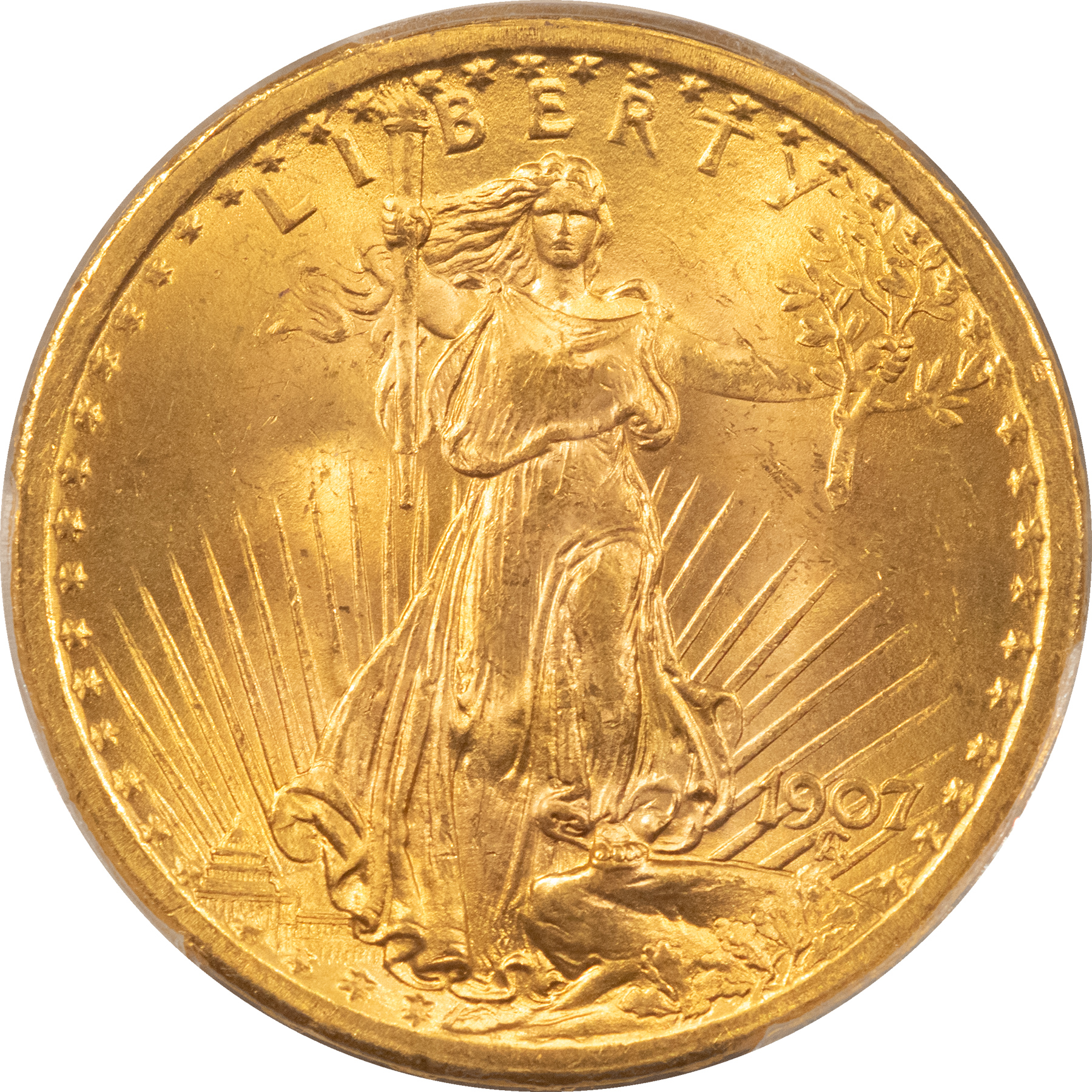 $20 1907 $20 ST GAUDENS GOLD DOUBLE EAGLE, NO MOTTO PCGS MS-65 GEM! POPULAR 1ST YEAR $20 1907 $20 ST GAUDENS GOLD DOUBLE EAGLE, NO MOTTO PCGS MS-65 GEM! POPULAR 1ST YEAR