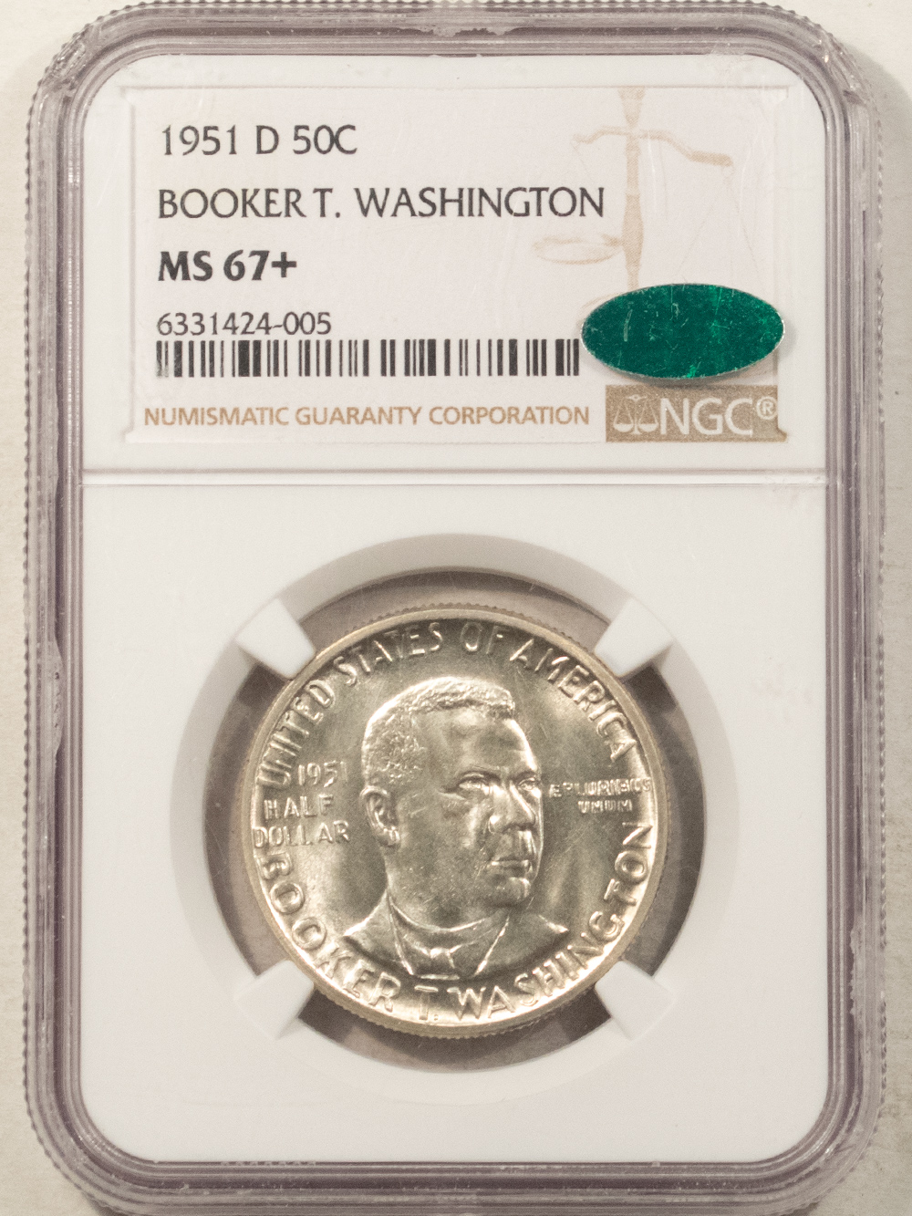 CAC Approved Coins 1951-D BOOKER T. WASHINGTON COMMEMORATIVE HALF NGC MS-67+ CAC FLASHY! POP 20/1 CAC Approved Coins 1951-D BOOKER T. WASHINGTON COMMEMORATIVE HALF NGC MS-67+ CAC FLASHY! POP 20/1