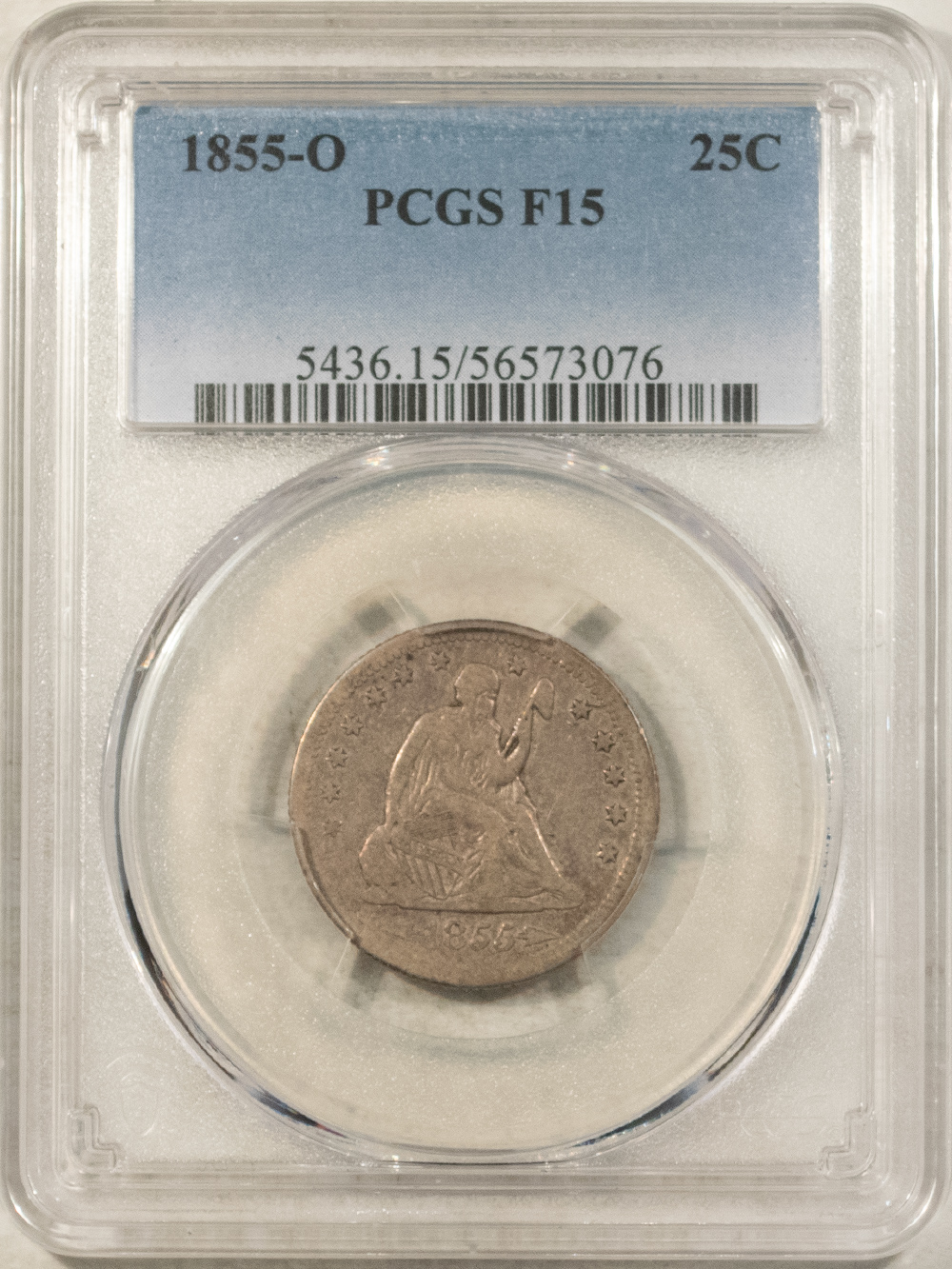 Liberty Seated Quarters 1855-O SEATED LIBERTY QUARTER – PCGS F-15, SCARCE! LOW-POP! Liberty Seated Quarters 1855-O SEATED LIBERTY QUARTER – PCGS F-15, SCARCE! LOW-POP!