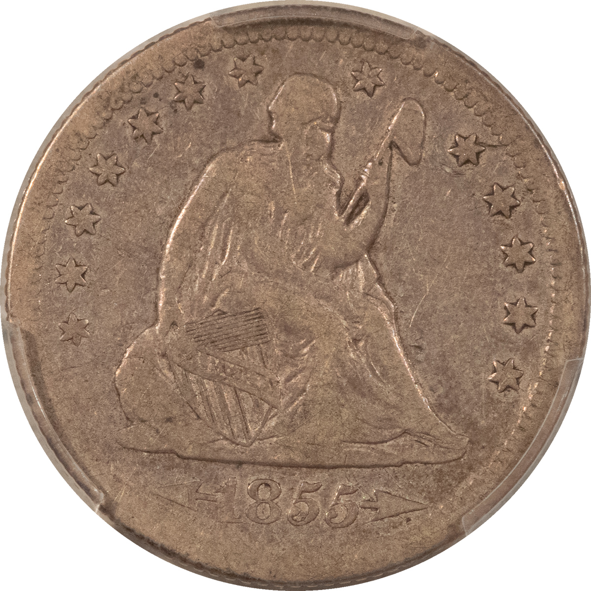 Liberty Seated Quarters 1855-O SEATED LIBERTY QUARTER – PCGS F-15, SCARCE! LOW-POP! Liberty Seated Quarters 1855-O SEATED LIBERTY QUARTER – PCGS F-15, SCARCE! LOW-POP!