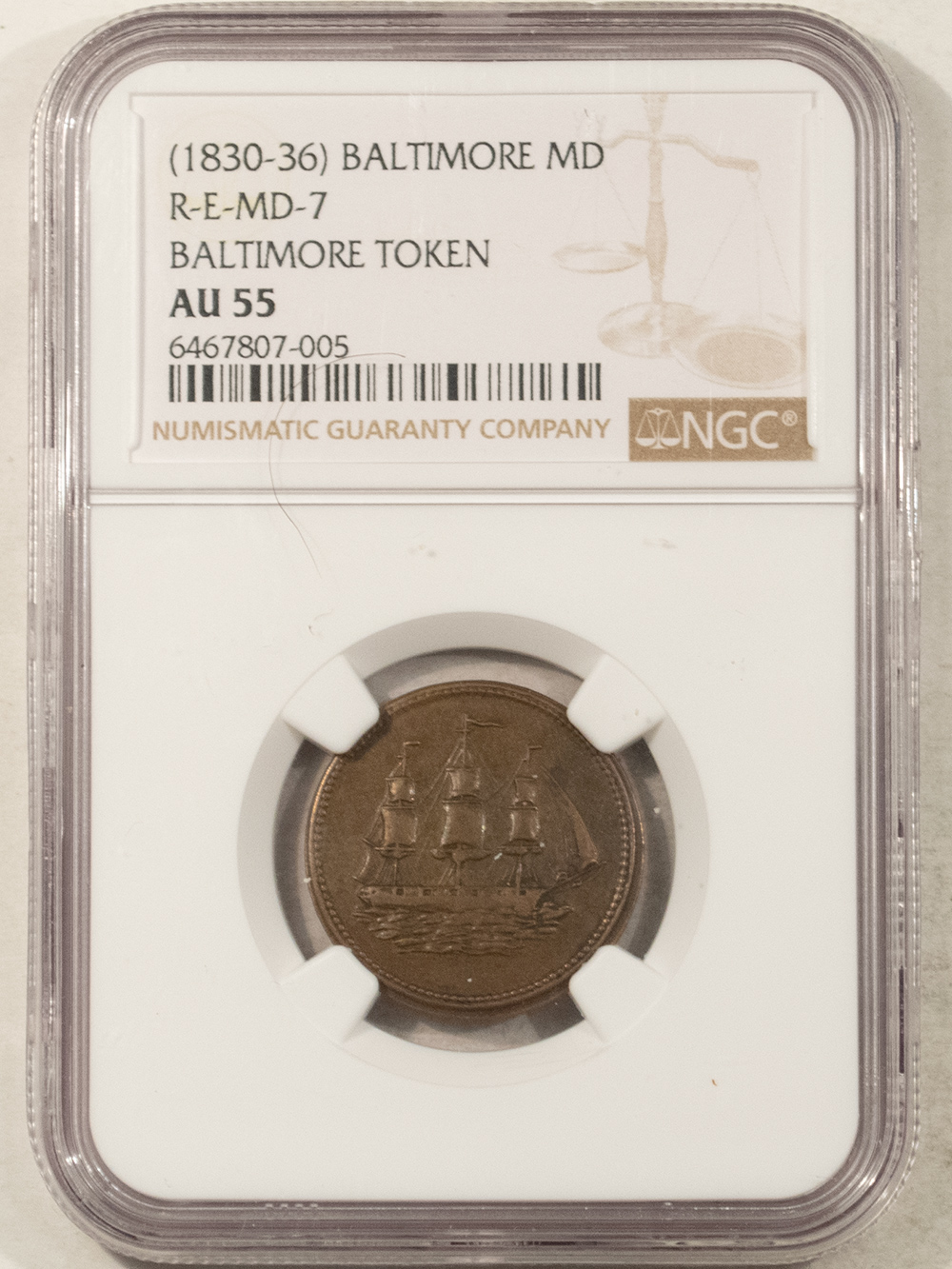 Exonumia (1830-36) BALTIMORE MD R-E-MD-7 SHIP TOKEN NGC AU-55, SCARCE IN HIGH GRADE, NICE Exonumia (1830-36) BALTIMORE MD R-E-MD-7 SHIP TOKEN NGC AU-55, SCARCE IN HIGH GRADE, NICE