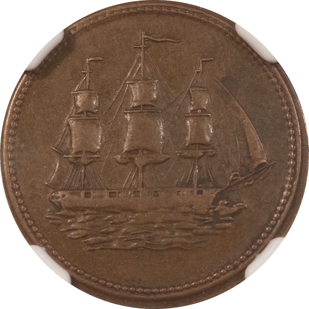 Exonumia (1830-36) BALTIMORE MD R-E-MD-7 SHIP TOKEN NGC AU-55, SCARCE IN HIGH GRADE, NICE Exonumia (1830-36) BALTIMORE MD R-E-MD-7 SHIP TOKEN NGC AU-55, SCARCE IN HIGH GRADE, NICE