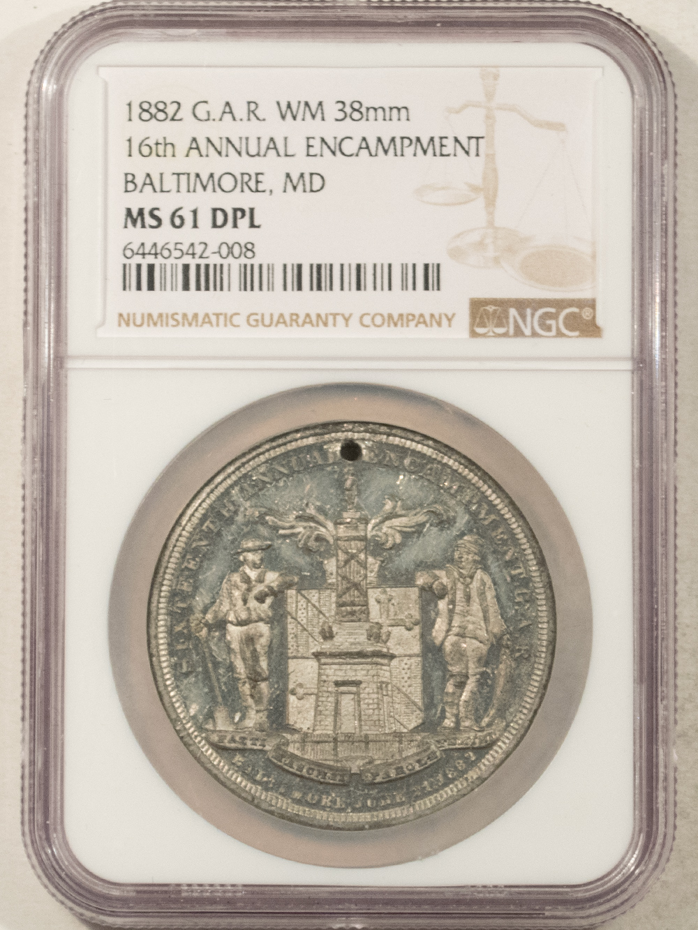 Exonumia 1882 G.A.R. WM 38mm 16TH ANNUAL ENCAMPMENT BALTIMORE, MD MEDAL – NGC MS-61 DPL Exonumia 1882 G.A.R. WM 38mm 16TH ANNUAL ENCAMPMENT BALTIMORE, MD MEDAL – NGC MS-61 DPL