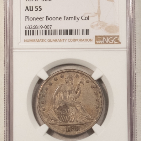 Half Dollars 1872 SEATED LIBERTY HALF DOLLAR – NGC AU-55, PIONEER BOONE FAMILY COLLECTION!