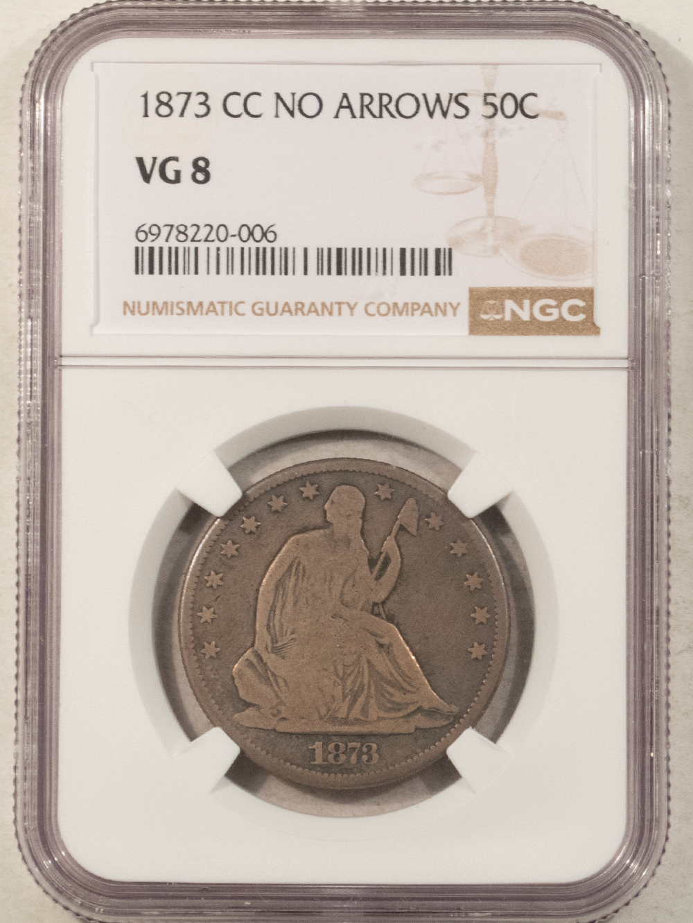 Half Dollars 1873-CC SEATED LIBERTY HALF DOLLAR NO ARROWS – NGC VG-8, CARSON CITY! Half Dollars 1873-CC SEATED LIBERTY HALF DOLLAR NO ARROWS – NGC VG-8, CARSON CITY!