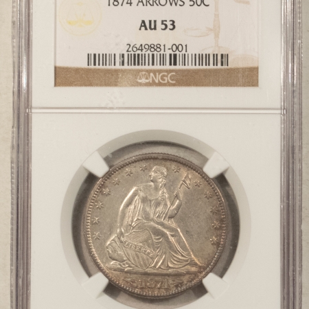 Half Dollars 1874 SEATED LIBERTY HALF DOLLAR WITH ARROWS – NGC AU-53, NICE!
