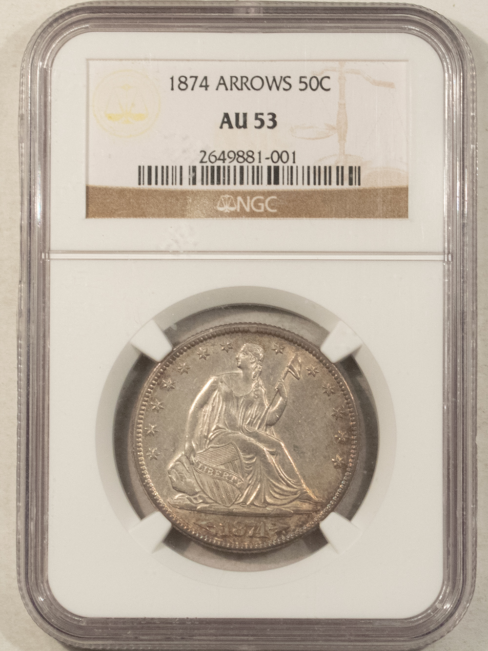 Half Dollars 1874 SEATED LIBERTY HALF DOLLAR WITH ARROWS – NGC AU-53, NICE! Half Dollars 1874 SEATED LIBERTY HALF DOLLAR WITH ARROWS – NGC AU-53, NICE!