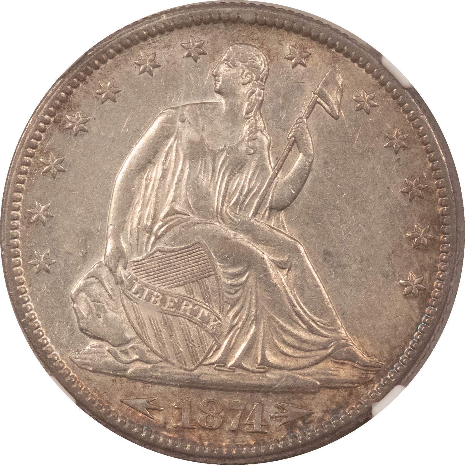 Half Dollars 1874 SEATED LIBERTY HALF DOLLAR WITH ARROWS – NGC AU-53, NICE! Half Dollars 1874 SEATED LIBERTY HALF DOLLAR WITH ARROWS – NGC AU-53, NICE!