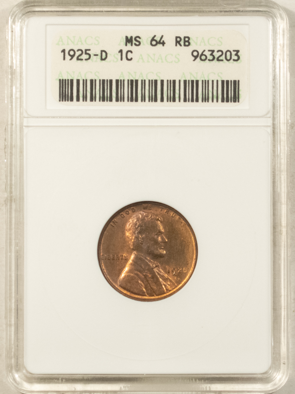 Lincoln Cents (Wheat) 1925-D LINCOLN CENT – ANACS MS-64 RB, ORIGINAL! OLD WHITE SOAPBOX HOLDER Lincoln Cents (Wheat) 1925-D LINCOLN CENT – ANACS MS-64 RB, ORIGINAL! OLD WHITE SOAPBOX HOLDER