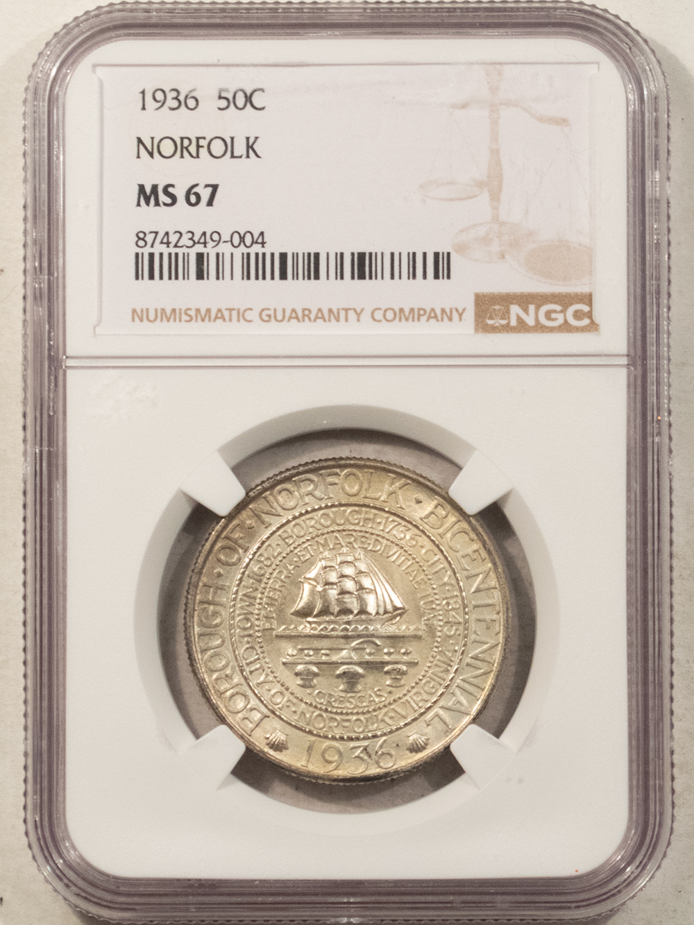 Early Commems 1936 NORFOLK COMMEMORATIVE HALF DOLLAR – NGC MS-67, FRESH, PRETTY REVERSE! Early Commems 1936 NORFOLK COMMEMORATIVE HALF DOLLAR – NGC MS-67, FRESH, PRETTY REVERSE!