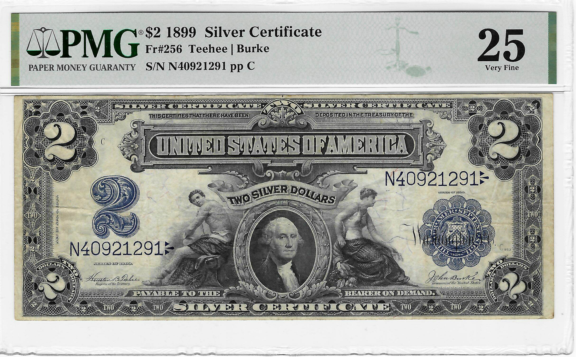 Large Silver Certificates 1899 $2 SILVER CERTIFICATE, FR#256 TEEHEE/BURKE PMG VF-25! NICE FRESHNESS & LOOK Large Silver Certificates 1899 $2 SILVER CERTIFICATE, FR#256 TEEHEE/BURKE PMG VF-25! NICE FRESHNESS & LOOK