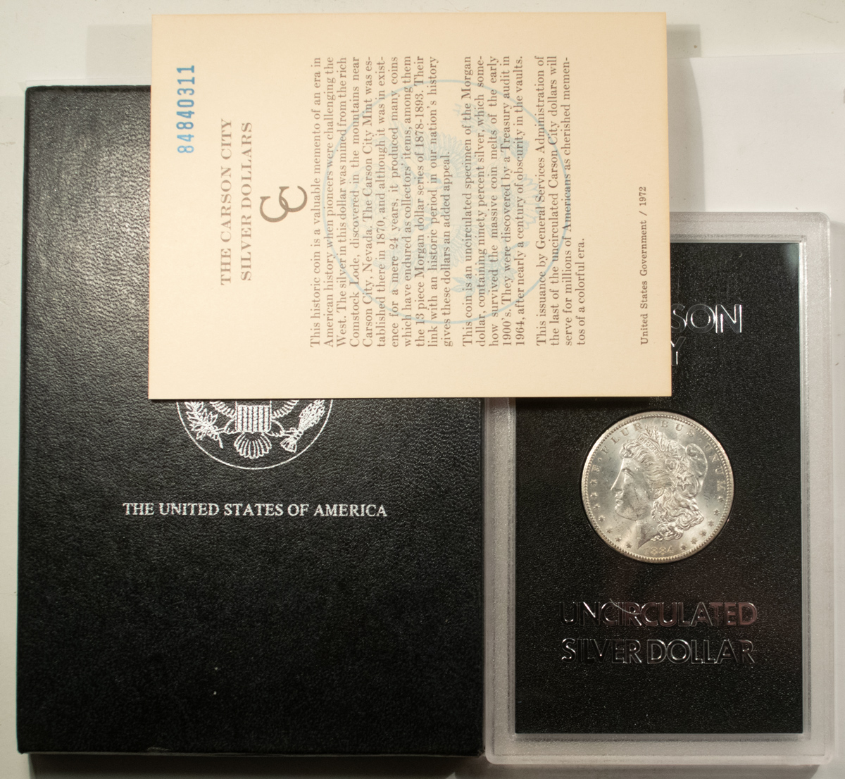 Dollars 1884-CC $1 MORGAN DOLLAR GSA – UNCIRCULATED WITH BOX AND CARD! CARSON CITY! Dollars 1884-CC $1 MORGAN DOLLAR GSA – UNCIRCULATED WITH BOX AND CARD! CARSON CITY!