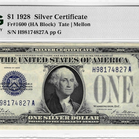 New Store Items 1928 $1 SILVER CERTIFICATE HA BLOCK TATE-MELLON FR-1600 PMG CU-64 EPQ