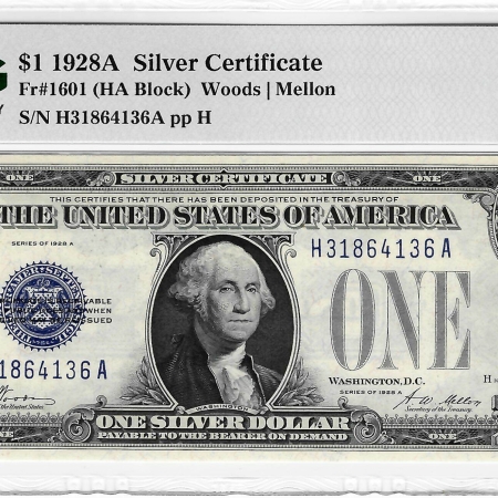 New Store Items 1928-A $1 SILVER CERTIFICATE HA BLOCK WOODS-MELLON FR-1601 PMG GEM UNC 66 EPQ