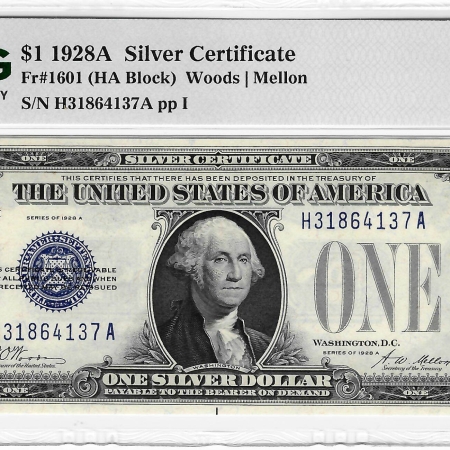 New Store Items 1928-A $1 SILVER CERTIFICATE HA BLOCK WOODS-MELLON FR-1601 PMG GEM UNC 66 EPQ