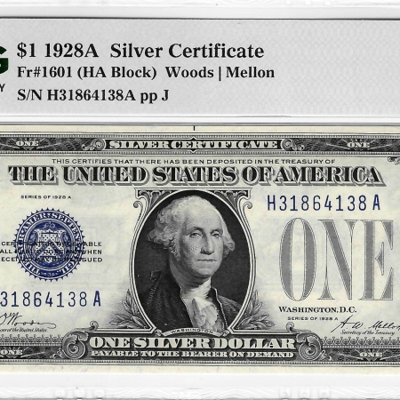 New Store Items 1928-A $1 SILVER CERTIFICATE HA BLOCK WOODS-MELLON FR-1601 PMG GEM UNC 65 EPQ