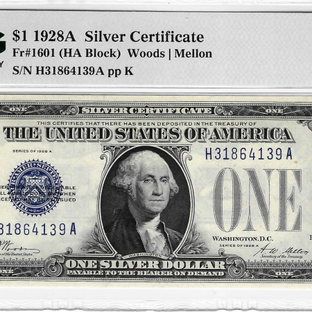 New Store Items 1928-A $1 SILVER CERTIFICATE HA BLOCK WOODS-MELLON FR-1601 PMG GEM UNC 65 EPQ