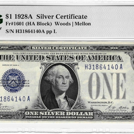 New Store Items 1928-A $1 SILVER CERTIFICATE HA BLOCK WOODS-MELLON FR-1601 PMG GEM UNC 65 EPQ