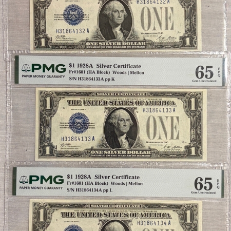 New Store Items 1928-A $1 SILVER CERTIFICATES FR-1601 5 CONSECUTIVE NOTES PMG GEM UNC 65 EPQ