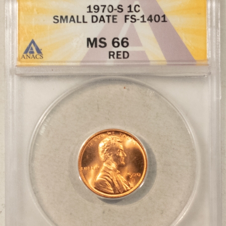 Lincoln Cents (Memorial) 1970-S LINCOLN CENT, SMALL DATE FS-1401 – ANACS MS-66 RD, BLAZING RED!