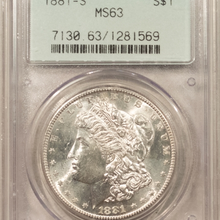 Dollars 1881-S $1 MORGAN DOLLAR – PCGS MS-63, TWO PIECE OLD GREEN HOLDER! BLAST WHITE!