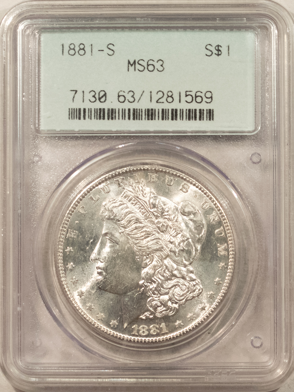 Dollars 1881-S $1 MORGAN DOLLAR – PCGS MS-63, TWO PIECE OLD GREEN HOLDER! BLAST WHITE! Dollars 1881-S $1 MORGAN DOLLAR – PCGS MS-63, TWO PIECE OLD GREEN HOLDER! BLAST WHITE!