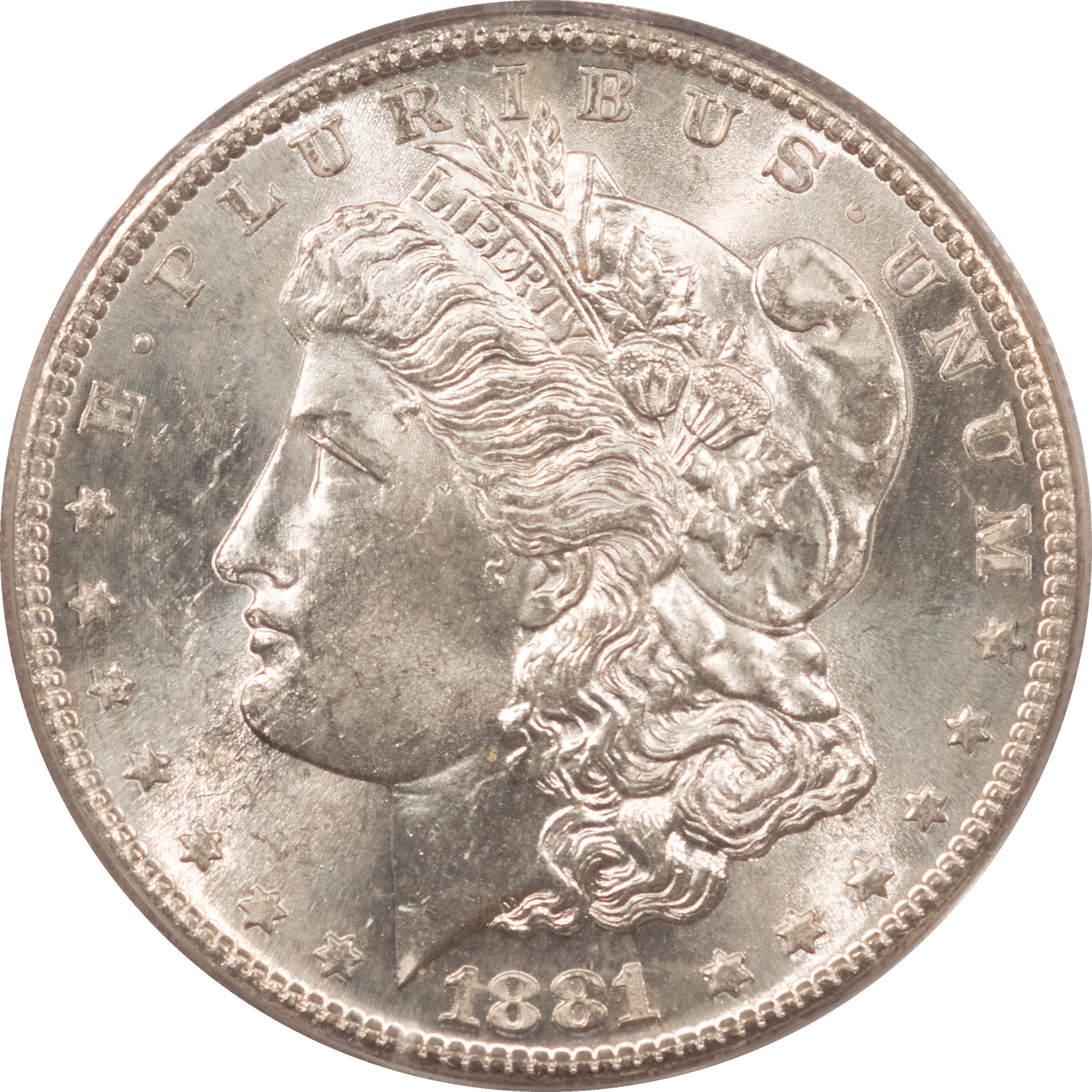 Dollars 1881-S $1 MORGAN DOLLAR – PCGS MS-63, TWO PIECE OLD GREEN HOLDER! BLAST WHITE! Dollars 1881-S $1 MORGAN DOLLAR – PCGS MS-63, TWO PIECE OLD GREEN HOLDER! BLAST WHITE!