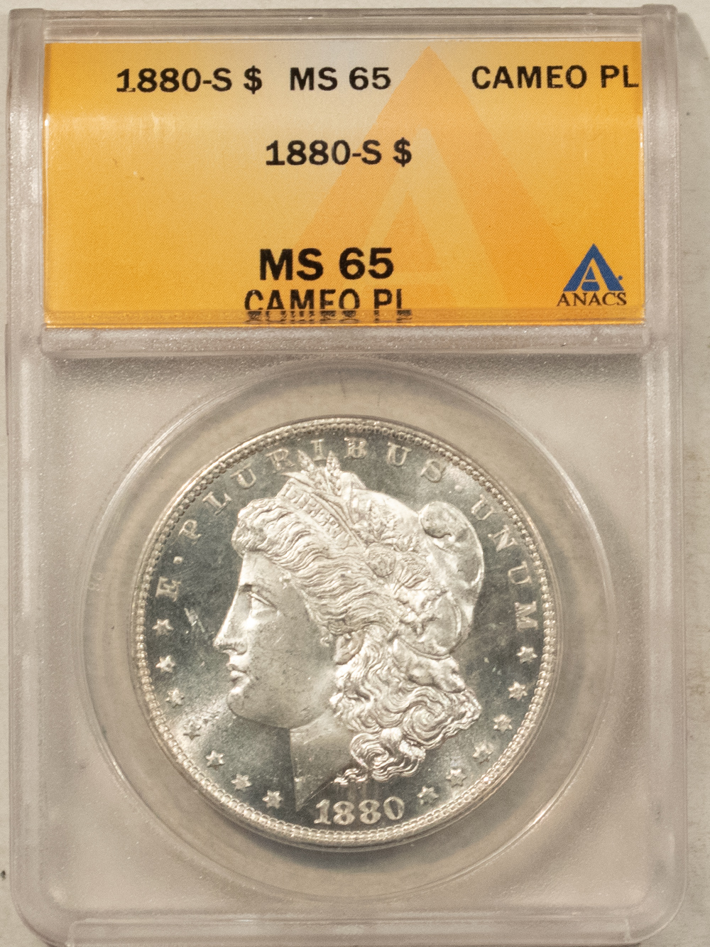 Dollars 1880-S $1 MORGAN DOLLAR – ANACS MS-65 CAMEO PROOFLIKE! Dollars 1880-S $1 MORGAN DOLLAR – ANACS MS-65 CAMEO PROOFLIKE!