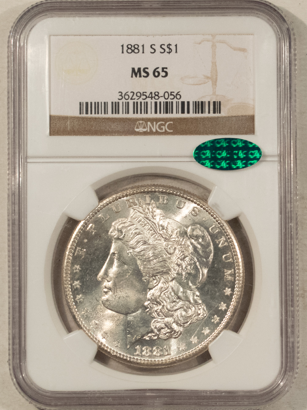 CAC Approved Coins 1881-S $1 MORGAN DOLLAR NGC MS-65 BLAST WHITE, PREMIUM QUALITY GEM CAC APPROVED! CAC Approved Coins 1881-S $1 MORGAN DOLLAR NGC MS-65 BLAST WHITE, PREMIUM QUALITY GEM CAC APPROVED!