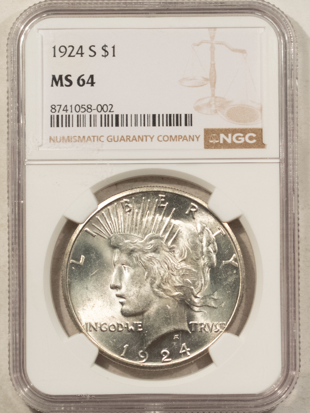 Dollars 1924-S $1 PEACE DOLLAR – NGC MS-64, WHITE WITH GREAT LUSTER! Dollars 1924-S $1 PEACE DOLLAR – NGC MS-64, WHITE WITH GREAT LUSTER!