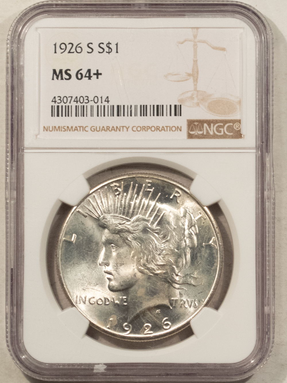 Dollars 1926-S $1 PEACE DOLLAR – NGC MS-64+, BLAST WHITE & PREMIUM QUALITY! Dollars 1926-S $1 PEACE DOLLAR – NGC MS-64+, BLAST WHITE & PREMIUM QUALITY!
