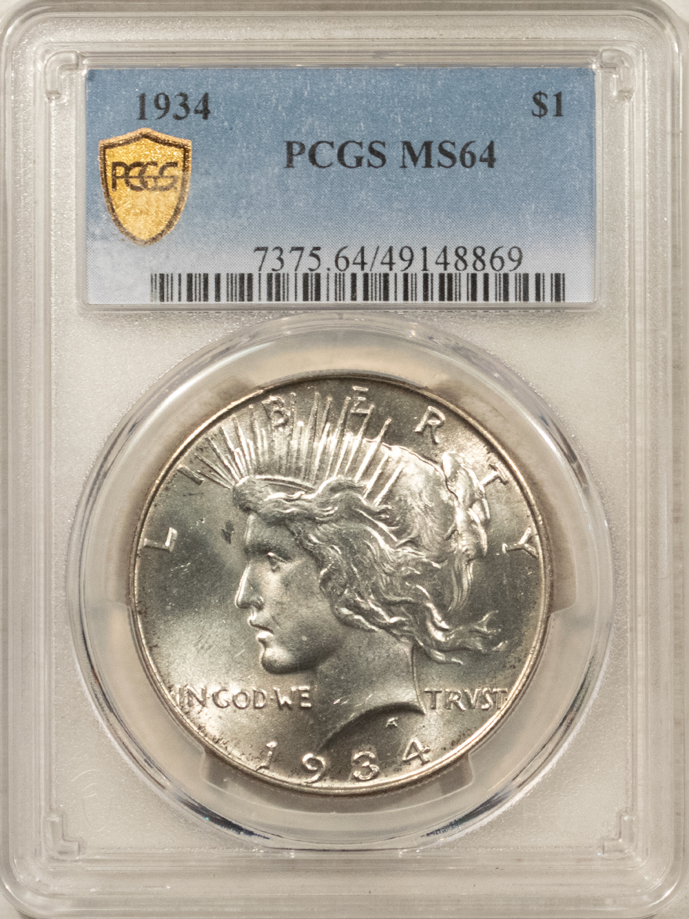 Dollars 1934 $1 PEACE DOLLAR – PCGS MS-64 OUTSTANDING LUSTER, LOOKS GEM PREMIUM QUALITY! Dollars 1934 $1 PEACE DOLLAR – PCGS MS-64 OUTSTANDING LUSTER, LOOKS GEM PREMIUM QUALITY!