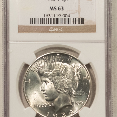 Dollars 1934-D $1 PEACE DOLLAR – NGC MS-63, BLAST WHITE & PREMIUM QUALITY!
