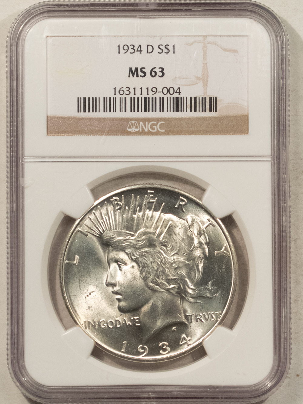 Dollars 1934-D $1 PEACE DOLLAR – NGC MS-63, BLAST WHITE & PREMIUM QUALITY! Dollars 1934-D $1 PEACE DOLLAR – NGC MS-63, BLAST WHITE & PREMIUM QUALITY!