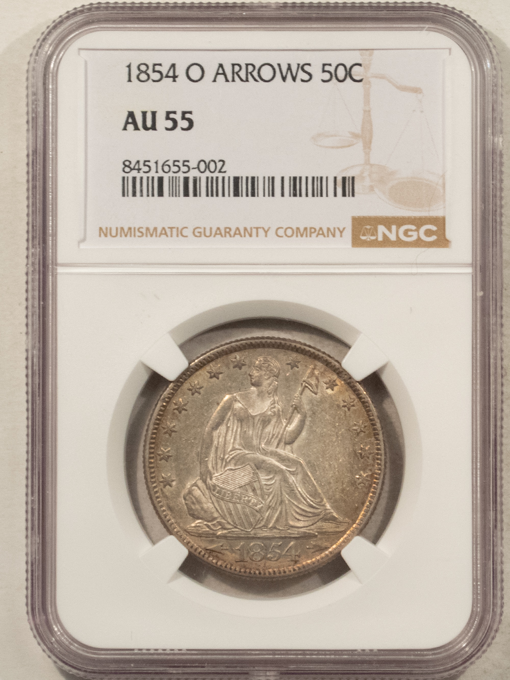 Half Dollars 1854-O SEATED LIBERTY HALF DOLLAR ARROWS – NGC AU-55, FRESH! Half Dollars 1854-O SEATED LIBERTY HALF DOLLAR ARROWS – NGC AU-55, FRESH!
