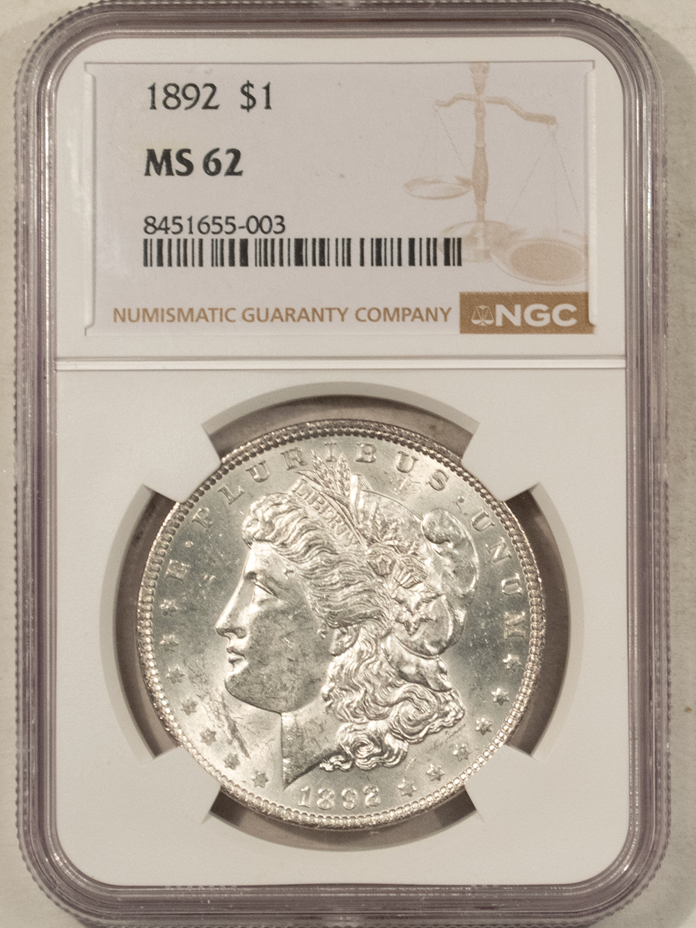 Dollars 1892 $1 MORGAN DOLLAR – NGC MS-62 BLAST WHITE! Dollars 1892 $1 MORGAN DOLLAR – NGC MS-62 BLAST WHITE!