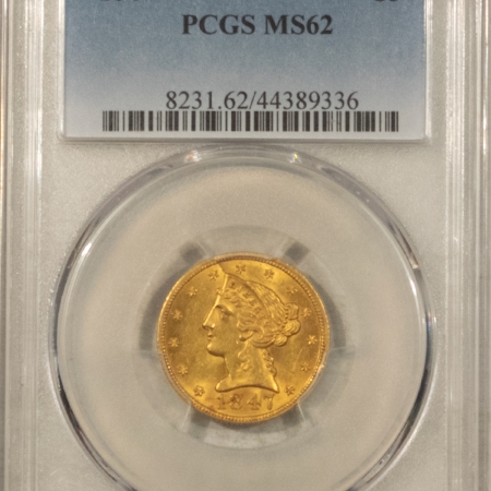 $5 1847 $5 LIBERTY HEAD GOLD HALF EAGLE, NO MOTTO – PCGS MS-62, FRESH & FLASHY!
