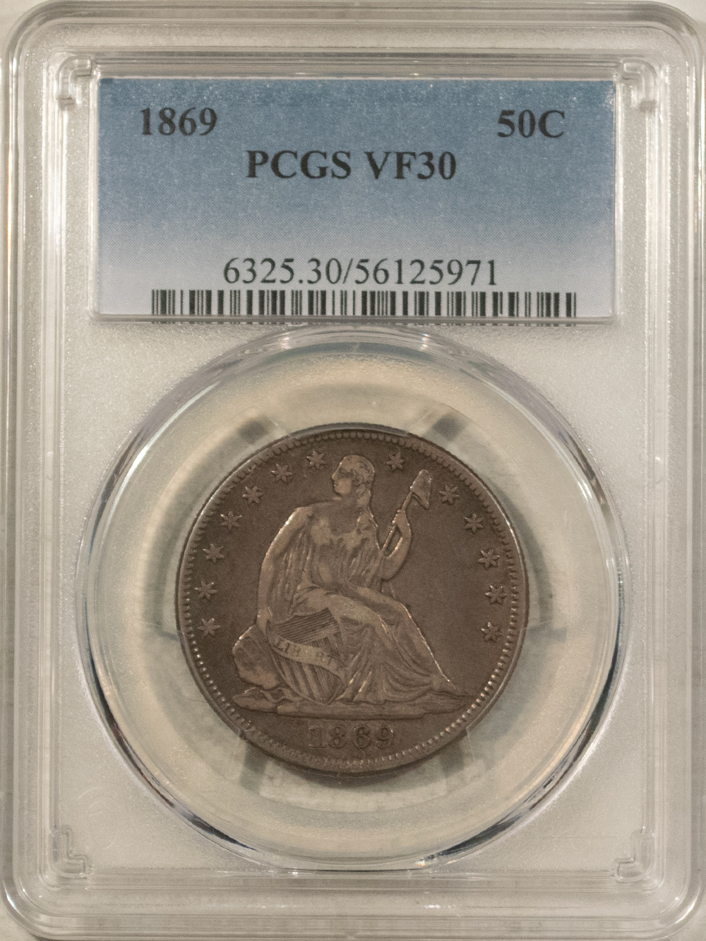 Half Dollars 1869 SEATED LIBERTY HALF DOLLAR – PCGS VF-30, SUPER ORIGINAL! Half Dollars 1869 SEATED LIBERTY HALF DOLLAR – PCGS VF-30, SUPER ORIGINAL!
