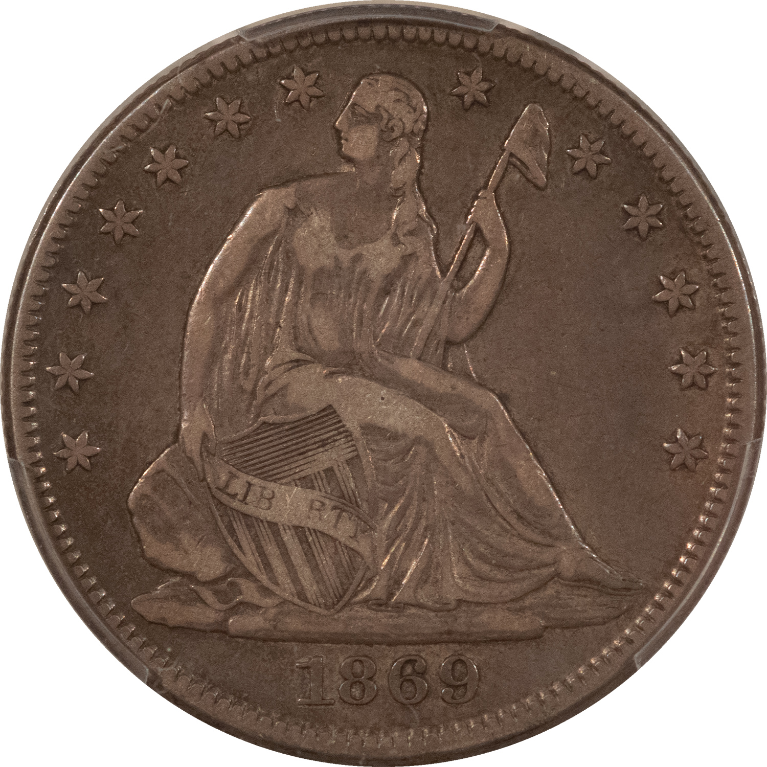 Half Dollars 1869 SEATED LIBERTY HALF DOLLAR – PCGS VF-30, SUPER ORIGINAL! Half Dollars 1869 SEATED LIBERTY HALF DOLLAR – PCGS VF-30, SUPER ORIGINAL!