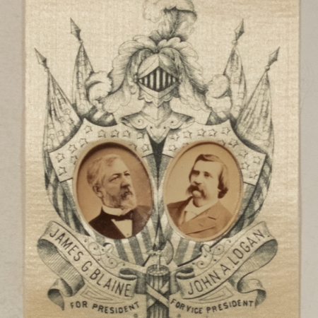 New Store Items 1884 BLAINE-LOGAN JUGATE RIBBON 2 1/2 X 5 1/4 SILK W/GRAPHICS, VIRTUALLY MINT!
