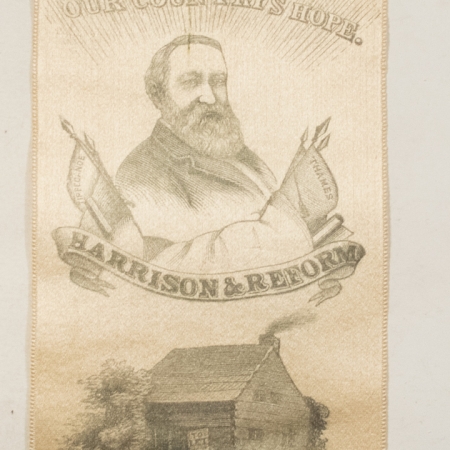 New Store Items 1888 BENJAMIN HARRISON 3″ X 9″ SILK CAMPAIGN RIBBON, GREAT CONTENT & NEAR-MINT!