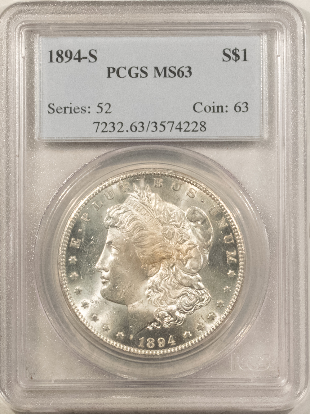 Morgan Dollars 1894-S MORGAN DOLLAR PCGS MS-63, FRESH WHITE, CHOICE & PREMIUM QUALITY! Morgan Dollars 1894-S MORGAN DOLLAR PCGS MS-63, FRESH WHITE, CHOICE & PREMIUM QUALITY!